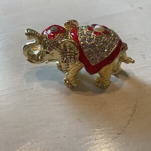 Gold Metal W/Red Jewels Elephant Trinket Box